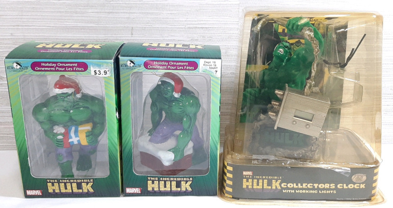 3 Incredible Hulk Figures | Includes 2 2003 Hulk Holiday Ornaments from Kurt S. Adler & 2003 Incredible Hulk Collector's Clock w/ Working Lights | Ornaments Measure Roughly 5" Tall, Clock Measures 5&frac12;" Tall | Packages Does Have Visible Damage and Wear, How
