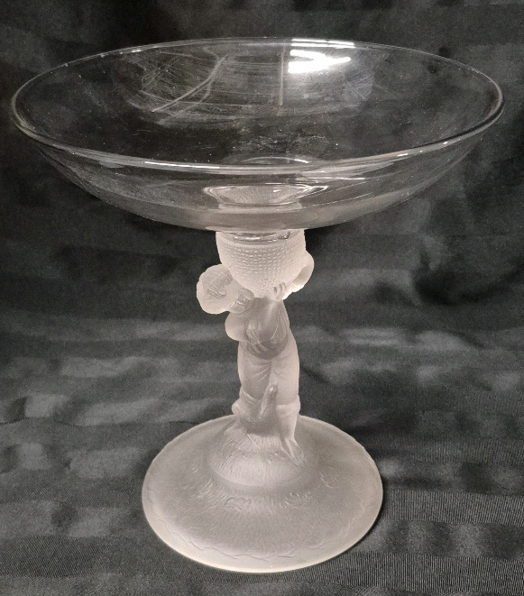 Vintage PEDESTAL CAKE STAND FROSTED Gillinder & Sons FIGURAL GOOSE BOY & BASKET 9" Tall