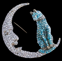 Cat Brooch Clustered with Embellished Rhinestones Cat Brooch on The Moon Statement Approximately 2.44 x 2.14 inch