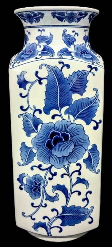 Vintage Large BOMBAY Asian Garden Blue &:White Porcelain Vase / Umbrella Stand -17.75'' Tall, No Chips or Cracks