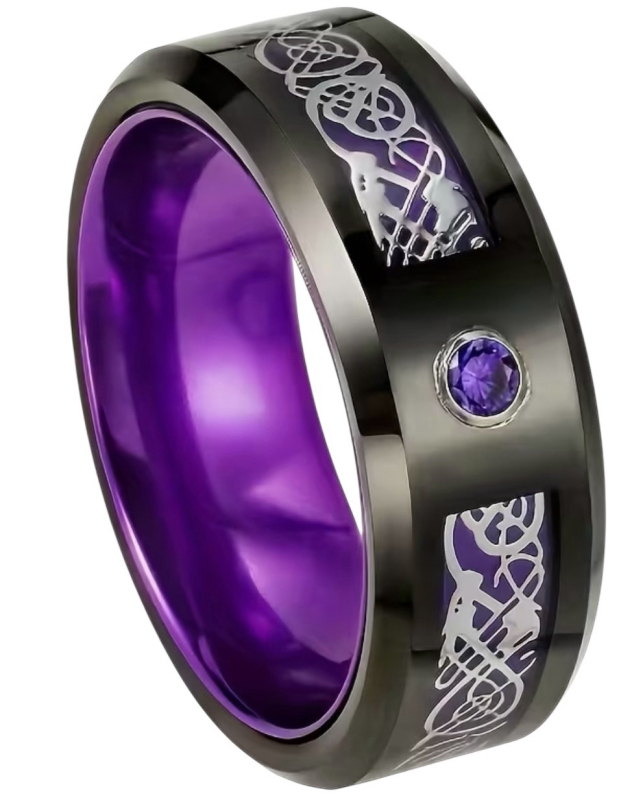 Titanium Steel Vibrant Purple Dragon Design Ring Size 13