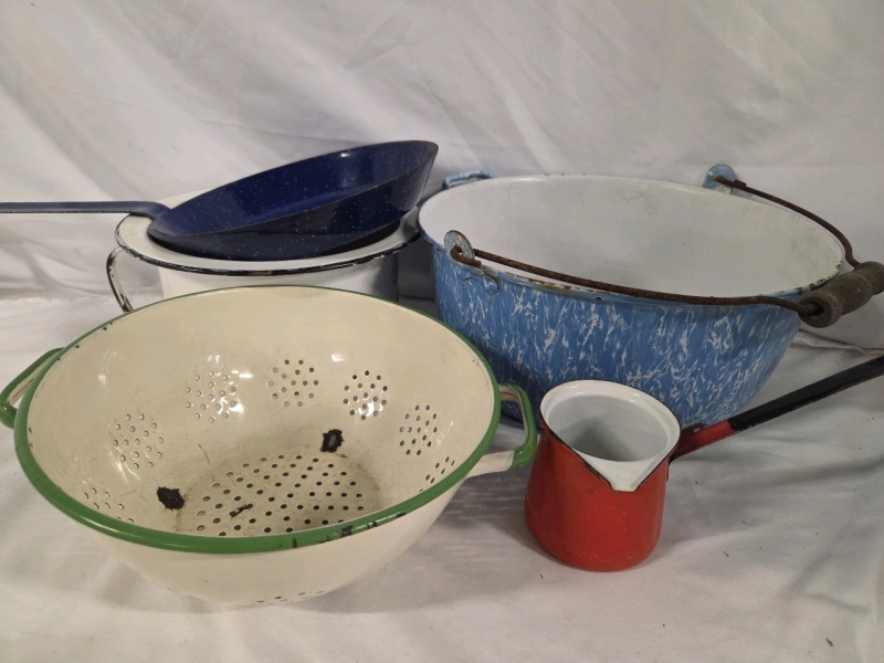 5 Vintage to Possibly Antique | Enamel Kitchen Ware Decor | Includes Berry Bucket, 1Cup Dipper, & More!