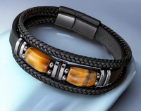 Tiger Eye Leather Bracelet Handcrafted Tiger Eye and Black Leather Braided Bracelet Magnetic Clasp Natural Stone Approximately 8.5 Inch