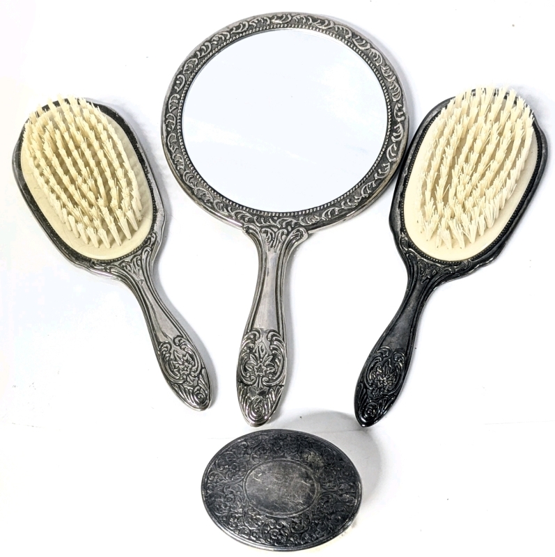 Vintage R.G.H. On Brass Denmark Palm Brush + 3 Presumed Plated Pieces : 2 Brushes & Hand Mirror - Up to 9.25" Long