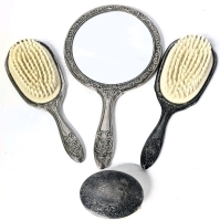 Vintage R.G.H. On Brass Denmark Palm Brush + 3 Presumed Plated Pieces : 2 Brushes & Hand Mirror - Up to 9.25" Long