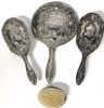 Vintage R.G.H. On Brass Denmark Palm Brush + 3 Presumed Plated Pieces : 2 Brushes & Hand Mirror - Up to 9.25" Long - 4