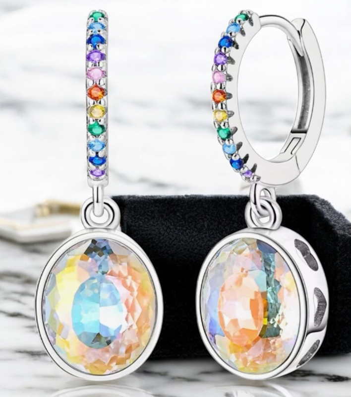 925 Stamped Faceted Dazzling Oval gemstone earring Hoops with Stones on Hoop Approximately 2 inch drop