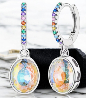 925 Stamped Faceted Dazzling Oval gemstone earring Hoops with Stones on Hoop Approximately 2 inch drop