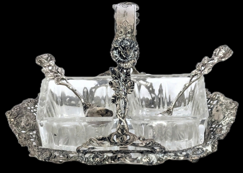 Darling Vintage BIRKS Germany Sterling Silver Bavarian Salt Cellar (Possibly for Absinthe or Pickles) With 2 Glass Containers & 2 Spoons : 1 Slotted - 3" Tall