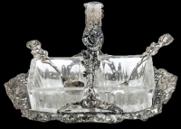 Darling Vintage BIRKS Germany Sterling Silver Bavarian Salt Cellar (Possibly for Absinthe or Pickles) With 2 Glass Containers & 2 Spoons : 1 Slotted - 3" Tall