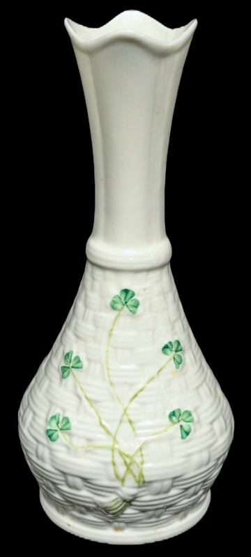 Signed Vintage 1996 BELLEEK Shamrock Basket Weave Vase, Blue Stamp - 7.4" Tall, No Cracks, Tiny Chip on Rim