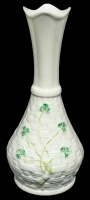Signed Vintage 1996 BELLEEK Shamrock Basket Weave Vase, Blue Stamp - 7.4" Tall, No Cracks, Tiny Chip on Rim