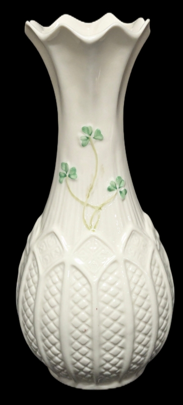 Vintage BELLEEK Millennium 2000 Rock of Cashel Shamrock Vase, Black Stamp - 8" Tall, No Chips or Cracks