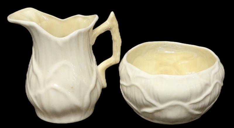 Vintage BELLEEK Lily Pattern Sugar & Creamer Set, Green Stamp, 2" - 3.5" Tall, No Chips or Cracks
