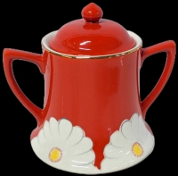 Funky GRACE Ceramic Red Orange Sugar Bowl With Daisies & Gold Trim - 5" Tall