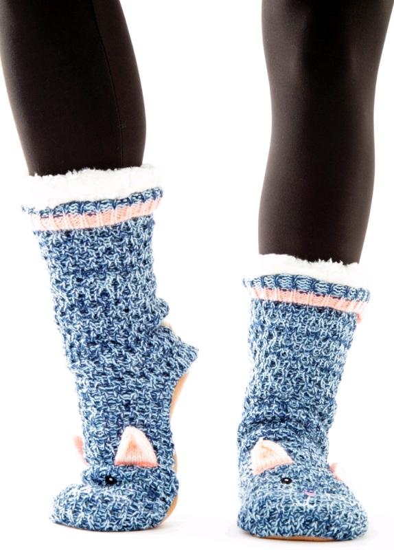 New Size 5-8 Women's JUST COZY Super Soft KITTY FACE Slipper Socks With Knit Outer Shell & Grippy Bits on Soles