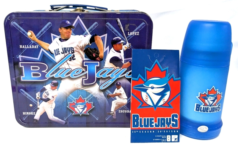 MLB Baseball Toronto Blue Jays Tin Lunchbox & Plastic Thermos + New Pack of 8 Adhesive Canadian 47&cent; Stamps Celebrating the Jay's 25th Season