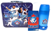 MLB Baseball Toronto Blue Jays Tin Lunchbox & Plastic Thermos + New Pack of 8 Adhesive Canadian 47&cent; Stamps Celebrating the Jay's 25th Season