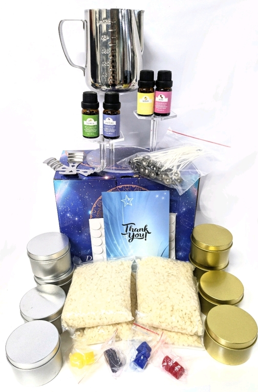 New Open Box - DIY CANDLE MAKING KIT : Wax, Measuring Cup, 8&times; Tins, 4&times; Wax Chips, Wicks, 2&times; Wick Setters, 4&times; Essential Oils, 8&times; Small Wax Dyes & Stickers