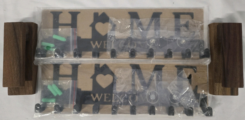 4 New | Indoor Hangers | ( 2 ) Welcome Home Metal Coat Hangers & ( 2 ) Wood Towel Hooks