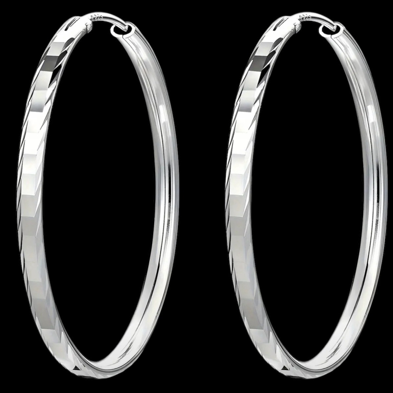 Pair of S925 Stamped Large Hoop Earrings Geometric Faceted Hammered Style Exaggerated Lightweight Pierced Slide in posts Approximately 2 inch round