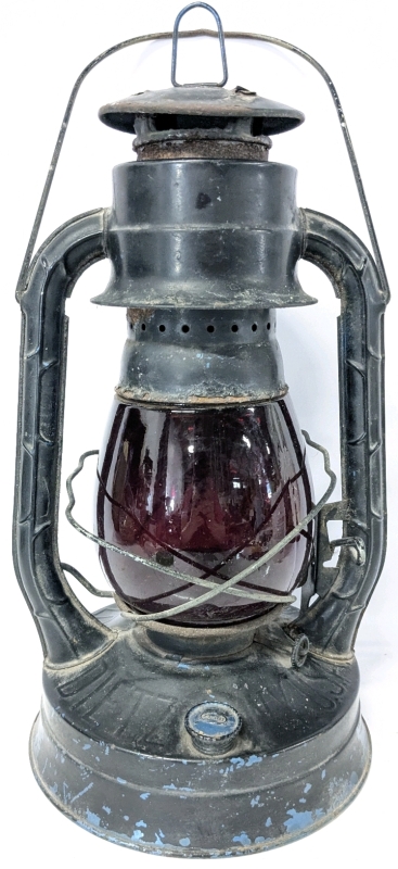 Vintage DIETZ NY No. 8 Air Pilot Oil Lantern With Original Red Glass - Previously Repainted Black (Originally Blue) - 14.25" Tall