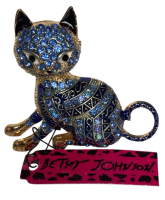 Betsey Johnson Cat Rhinestone Blue and Enamel Brooch Hang Tag Approximately 2 x2 inch Back Bale for Pendant