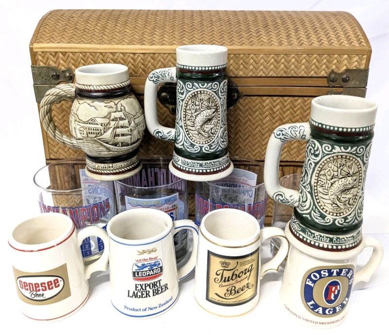 Vintage Wicker Chest With 3&times; Mini Avon Steins, 4 Franklin Limited Edition Mini Tankards & 3&times; 1992 Sunday Star Blue Jays Win World Series Commemorative Glasses, Jays Glass | Chest 14.6" &times; 8" &times; 10.5" Tall
