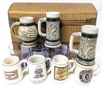 Vintage Wicker Chest With 3&times; Mini Avon Steins, 4 Franklin Limited Edition Mini Tankards & 3&times; 1992 Sunday Star Blue Jays Win World Series Commemorative Glasses, Jays Glass | Chest 14.6" &times; 8" &times; 10.5" Tall