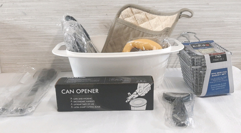 Lot of Kitchen Cooking Products | Includes Callender (Measures 12" Long, 9" Wide, 4&frac12;" Tall), Mini Serving Basket Set, Can Opener, Pizza Cutter, Peeler, Silicone Spatulas & Hot Pot Holder