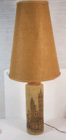 Vintage 1960s MCM Aldo Londi for Bitossi Ceramics Impressed Cityscape Table Lamp w/Shade . Signed & Numbered on Bottom . Measures 41" Tall w/Shade . Tested Working