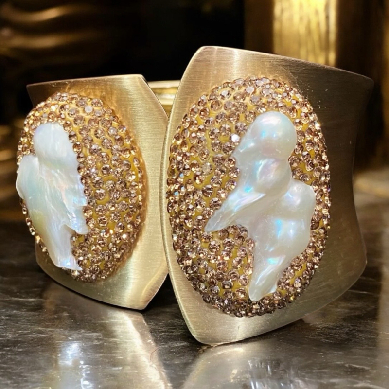 Glamorous Copper Bracelet Wide Statement Cuff with Freshwater Pearl Mosaic Bronze Druzy Style Rhinestones 2.5 in Diameter 1.75 in Open Widest point 2 inch