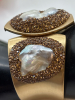 Glamorous Copper Bracelet Wide Statement Cuff with Freshwater Pearl Mosaic Bronze Druzy Style Rhinestones 2.5 in Diameter 1.75 in Open Widest point 2 inch - 4