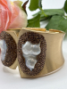 Glamorous Copper Bracelet Wide Statement Cuff with Freshwater Pearl Mosaic Bronze Druzy Style Rhinestones 2.5 in Diameter 1.75 in Open Widest point 2 inch - 5