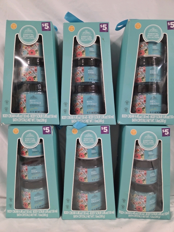 6 New Packs | Studio Selection Essential Body Care Collection | Alpine Meadow Scented | Ea. Pack Uncludes Bath Crystals, Body Scrub, & Body Cream | 200g a Pack