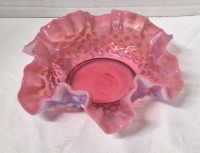 Vintage Unsigned Fenton Cranberry Opalescent Hobnail Glass - 6" Ruffled Rim Dish