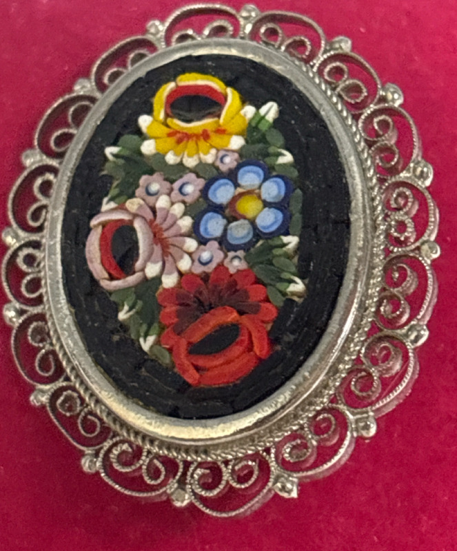 Italian Micro Mosaic Oval Floral Brooch Stamped Italy Approximately 1.75 inch