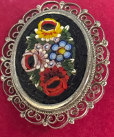 Italian Micro Mosaic Oval Floral Brooch Stamped Italy Approximately 1.75 inch