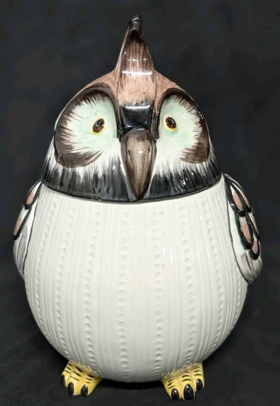 Absolutely Fantastic BIG FAT BIRD / Parrot Cookie Jar Signed Italy : 12" Tall, No Cracks, Small Shallow Chips in Glaze Around Rim, Crazing Present