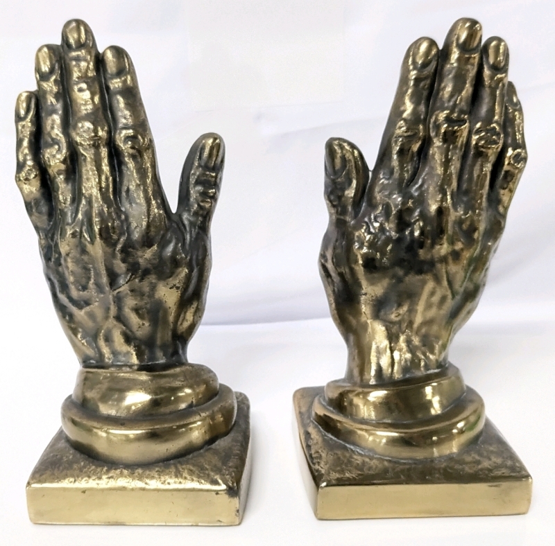 Mid Century Modern Brass Praying Hands Bookends - 8.25" Tall Each