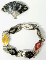 2pc Vintage Siam Sterling Silver Niello Ware Bracelet (7.25" Long) & Black Fan Brooch / Pendant (1.8" Long) - Both with Dancing Figures