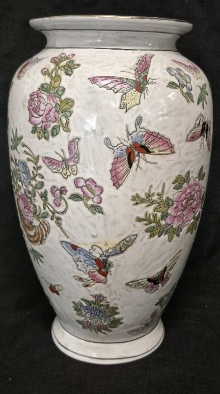 Vintage Stunning Butterflies & Flowers Vase 12" Tall