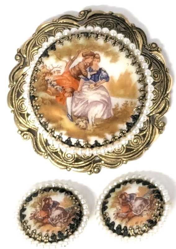 Rare Vintage West German 3pc Romantic Couple on Ceramic Medallion Filigree Brooch (2" Diameter) & Clip-On Earrings Set