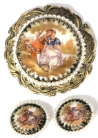 Rare Vintage West German 3pc Romantic Couple on Ceramic Medallion Filigree Brooch (2" Diameter) & Clip-On Earrings Set