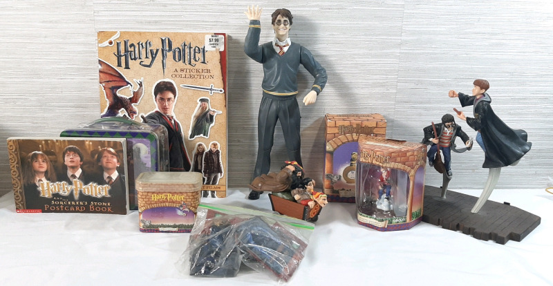 Lot of Various Harry Potter Merchandise | Includes Figures, Hanging Ornaments, Sticker Collection, Lunchbox, Postcard Book | Harry Figure Measures 13" Tall