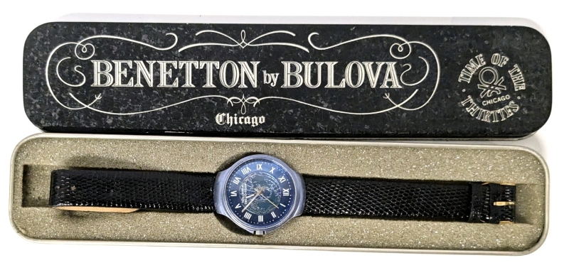 BENETTON BY BULOVA Chicago United Colors of Benetton Men's Wrist Watch with XL Size Speidel Genuine Lizard Leather Band & Metal Tin - Working!
