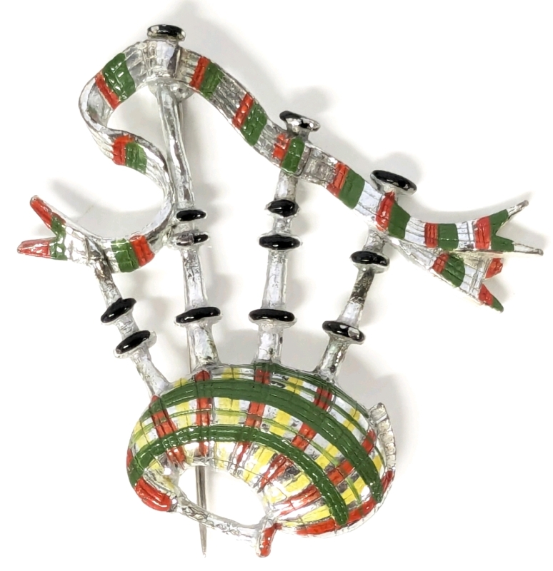 Vintage Scottish Bagpipe Banner Pin Brooch Hand Painted - 2.15" Long