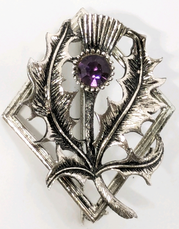 Vintage Signed Scottish Thistle With Faceted Purple Stone in Dog Tooth Setting in Frame - 2" Long