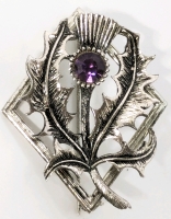 Vintage Signed Scottish Thistle With Faceted Purple Stone in Dog Tooth Setting in Frame - 2" Long