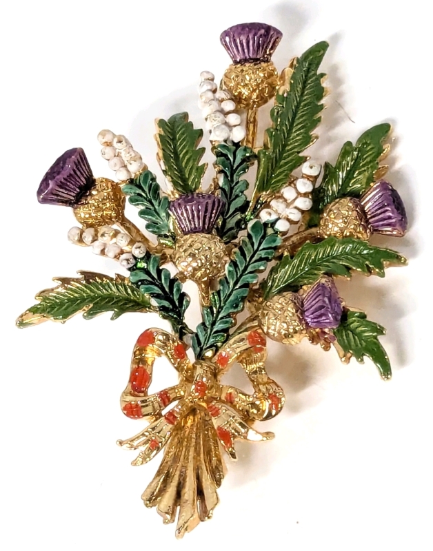 Vintage Signed Reco Scottish Thistle + Heather Cold Painted Enamel Brooch - 2.5" Long